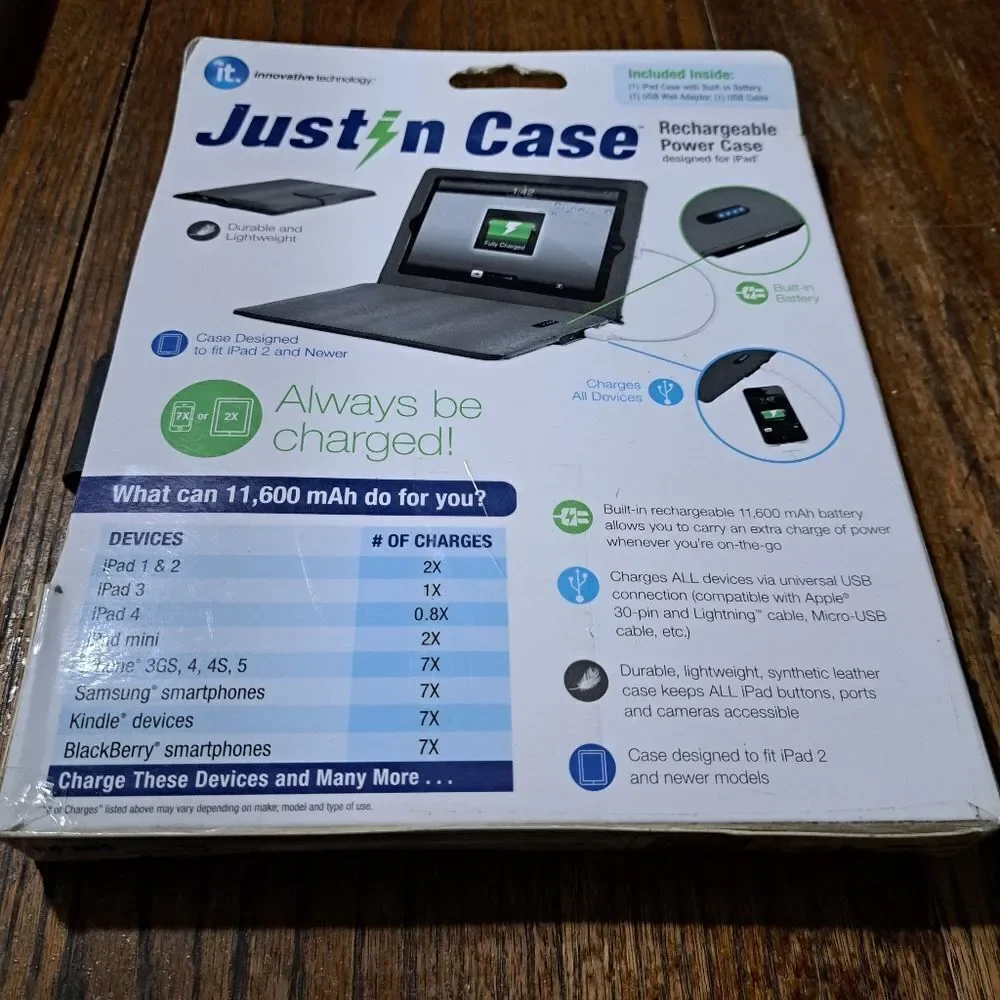 New Just in Case iPad Case with Built In Battery Rechargeable Power Case